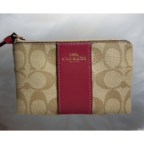 Coach Corner Zip Wristlet In Signature Tan Canvas With Pink Stripe and Strap - Picture 1 of 7